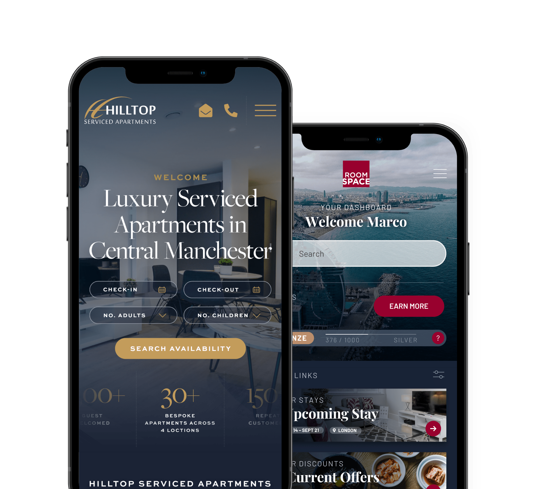 Two phone frames, one in front of the other. The first phone shows the Hilltop website homepage on screen, while the back shows the Roomspace website homepage on screen